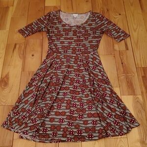 LuLaRoe Nicole Dress, Red/Black/Teal Print, Large